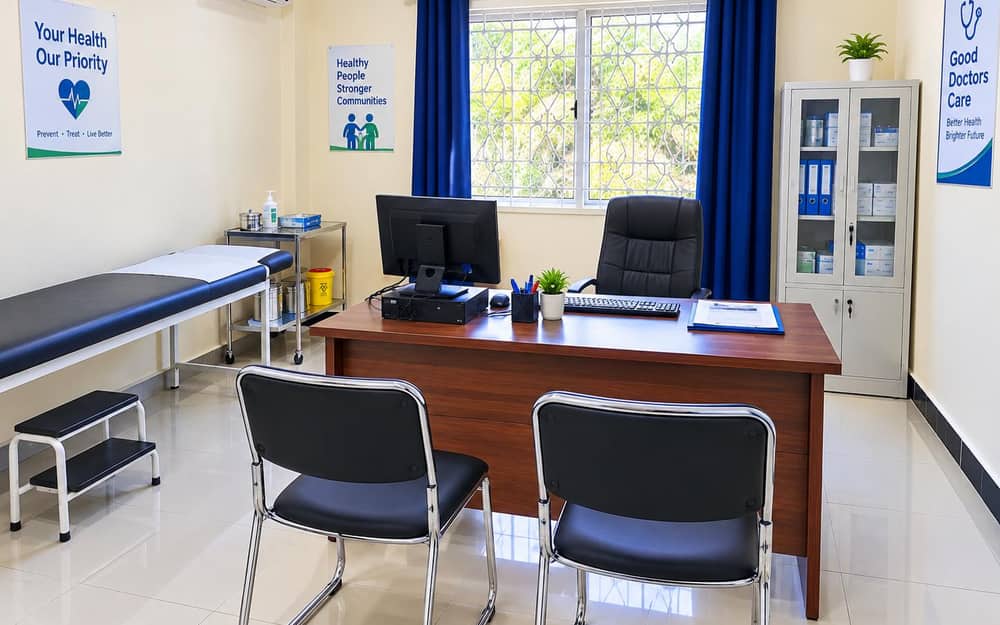 Consultation room at Khusho Health Center with examination couch, desk and patient chairs