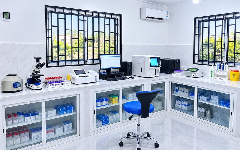 Khusho Health Center laboratory with analysers, microscope and centrifuge