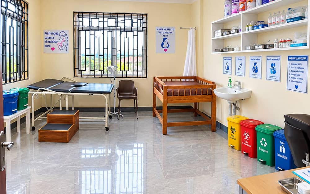Khusho Health Center maternity and RCH room with examination couch, baby cot and hand washing basin